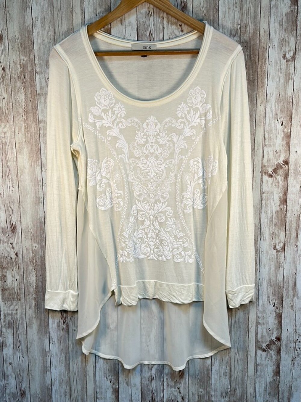 MNK Boutique Ivory Sheer Up Down Blouse Long Sleeve Floral sz Large Rayon Flowy